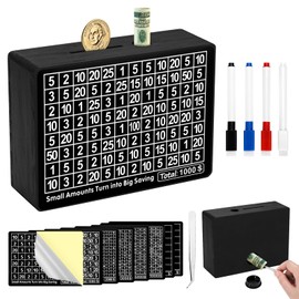 Soleebee Wooden Money Saving Box Savings Challenge Box Cash Vault Piggy Bank with Digital Counter and Dry Erase Pen Black Money Box for Cash Coin No Install Required (8 Amounts)