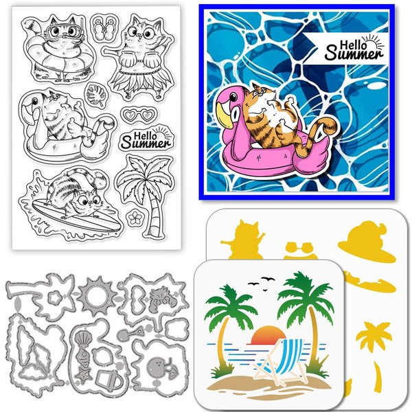 GLOBLELAND Sommer Strand Katze Clear Stamps Schneideisen PET Malvorlagen Für