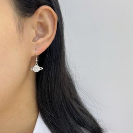 White Gold Plated 925 Sterling Silver Hammered Planet Saturn Dangle Hook Earrings