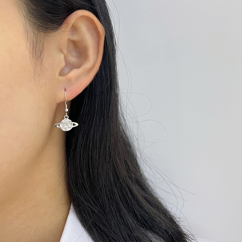 White Gold Plated 925 Sterling Silver Hammered Planet Saturn Dangle