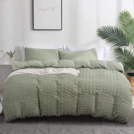 Boqingzhu Seersucker Bed Linen 200 x 200 cm Green Sage Green Summer Breathable Cooling Reversible Bed Linen Set Duvet Cover 200 x 200 cm and 2 Pillowcases 80 x 80 cm with Zip