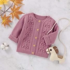 DovFanny Baby Boys Girls Sweater Knit Solid Color Cardigan Outwear Knitwear Newborn Winter Warm Long Sleeve Cable Floral Clothes Pink 3-6 Months