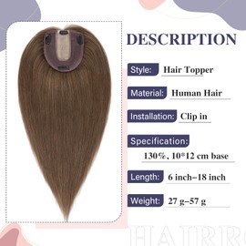 Hairro Brown Hair Toppers Clip in Human Hair Topper for Women 10x12cm Large Silk Base 100% Real Remy Human Hair Realistic Hairpiece Cover Grey White Thinning Hair 12 inch Medium Brown