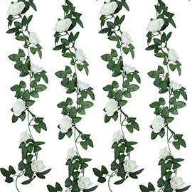Syhood 2 Pieces Artificial Rose Garlands Rose Vines Leaves Hanging Garlands Fake Rose Flower Vine Home Wedding Party Decor, 14.4 ft (White)