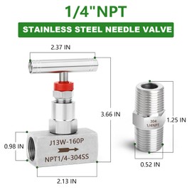 TAISHER 2PCS 304 Stainless Steel High Pressure Straight Needle Valve 1/4" Female NPT For Flow Control Water Gas Oil With Nipple