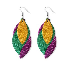Mardi Gras Earrings for Women Glitter Leather Mardi Gras Dangle Earrings Colorful Layered Leather Mardi Gras Drop Earrings For Mardi Gras Accessories Outfit (Gold)