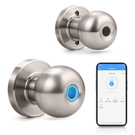 KNOBWELL Fingerprint Door Knob, Smart Door Knob with APP Control, Satin Nickel Keyless Entry Door Lock, Biometric Door Lock with Knob, Smart Lock for Bedroom Door Hotel Office Apartment