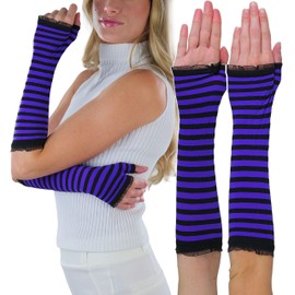 ToBeInStyle Women's Striped 100% Nylon Arm Length Warmers, Mini Lace Trim - Black W/ Purple Stripes, One Size