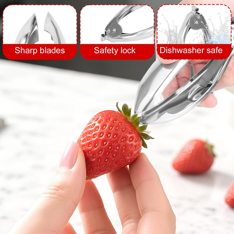 Strawberry Huller, 304 Stainless Steel Fruit Stem Remover with Safety