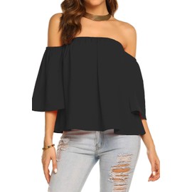 Bluetime Women Off The Shoulder Chiffon Ruffles T Shirts Short Sleeves Ruffles Blouse Tunic Tops (S, Black)