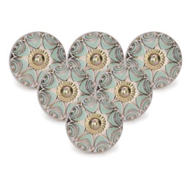 FURNISHFUL FINESSE Gold Knobs for Cabinets Assorted Green Dresser Knobs Vintage Ceramic Door Knobs Colorful Kitchen Furniture Pull Handles Cupboard for Wardrobe Home Interior Décor-Pack of 06