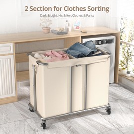Hodonas 230L Rolling Laundry Hamper, 2-Section Laundry Basket with Wheels, 61 Gallons Laundry Sorter with Metal Structure and Removable Liner, Clothes Hamper for Laundry Room, Bathroom, Bedroom, Beige