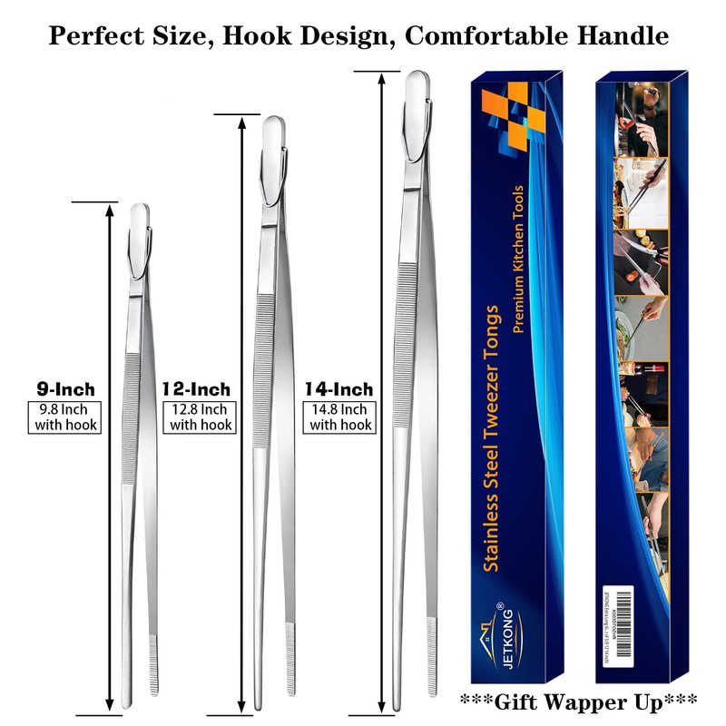 JETKONG Extra Long Kitchen Tweezers Heavy Duty Stainless Steel Cooking