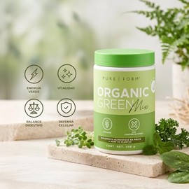Pure Form Organic Green Mix – Suplemento Vegano en Polvo a base de Frutas y Verduras Orgánicas | Con Probióticos ProbioSEB Trio y Enzimas | Green Blend | 300 gramos | 60 porciones
