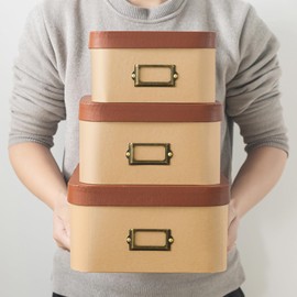 Soul & Lane Kraft Decorative Boxes with Light Leather Lids - Set of 3, Cardboard Boxes with Bronze Label Holders, Perfect for Home and Office Decor and Organizing, Memory Boxes for Keepsakes