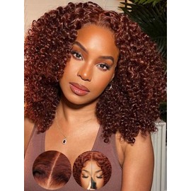 KLAIYI Bye Bye Knots Glueless Wig Reddish Brown Curly Bob Wig Human Hair Pre Cut 7x5 Lace Front Wigs for Women Pre Plucked Pre Bleached Water Wave Easy to Wear Put On and Go Wig Natural Hailine 12Inch