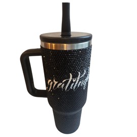 40 Oz Bling Rhinestone Gratitude Tumbler with Straw and Handle – Leak-Proof Double Wall Stainless Steel Cup – Vacuum Insulated, Reusable for Hot & Cold Drinks, Stylish Gift For Women Or Back-To-School