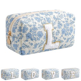 JOVAKIT Alphabet Makeup Bag Cosmetic Bag for Women, Christmas Gifts for Girls Age 6-18, Floral Flowers Coquette Travel Toiletry Zipper Make Up Pouch Organizer Trendy Stuff (Blue Floral L)
