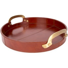 Round Leather Stitched Tray Brass Handle, Ideal for Wine Surving Tray, Coffee Tray, Ottoman Tray for Office, Storage Drinks, Snack, Home Kitchen Counter Centerpiece (24 x 24 Inches)