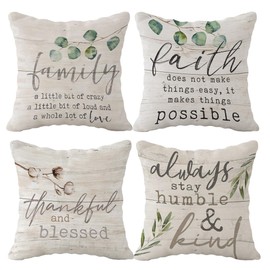 (RB) Thankful and Blessed Throw Pillow Case, 18 x 18 Inch Set of 4, Housewarming Gifts Family Room Decor, Farm Porch Bench Decor, Farm Room Decor, Always Stay Humble Kind Pillows Cover for Sofa Bed