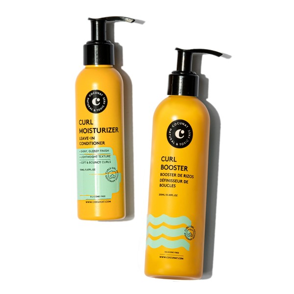 COCUNAT Curly Method | Perfect curls in just 2 steps | Moisturiser leave-in + curl booster | Curly girl method | Moisturises, nourishes, eliminates frizz and detangles | 250 ml + 150 ml
