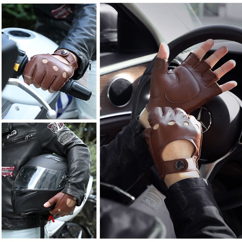 GSG Driving Gloves, Half Finger Leather, Fingerless Leather, Men's, Motorcycle