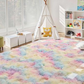 9x12 Ft Extra Large Shag Kids Colorful Rug for Living Room, Ultra Soft Fluffy Furry Area Rugs for Nursery Bedroom Indoor Floor, Girls Aesthetic Carpet Home Decor (Rainbow)