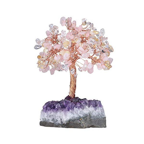 SUNYIK Handmade Crystals Money Tree on Natural Amethyst Cluster Crystal Quartz Base, Tree of Life Healing Chip Stones Figurine Decoration for Wealth and Luck 4.5-6" Tall, Pink/Yellow/White