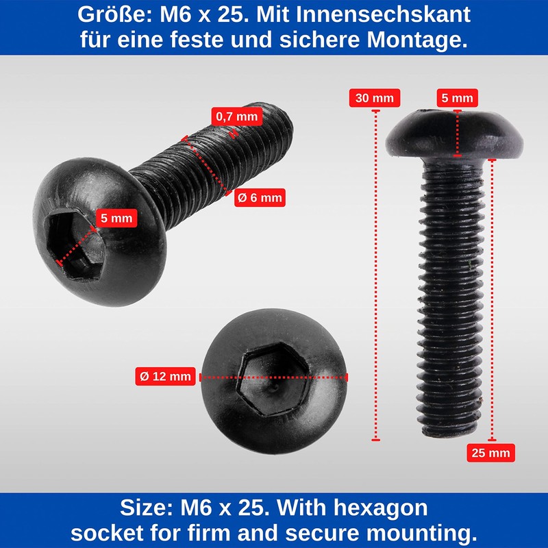 20pcs M6 x 25mm Diameter 12mm Hex Socket Head Black