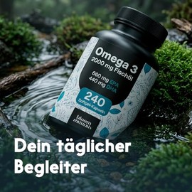 Omega 3 Capsules High Dose 2000 mg Fish Oil - 240 Softgel Capsules - of which 660 mg EPA and 440 mg DHA - Supports the Health of Heart, Brain and Eyes - Produced in Germany