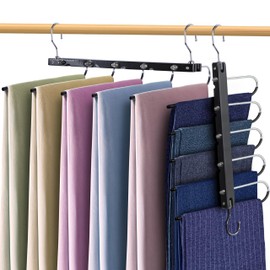 Whitmor Space Saving Pant Hangers, Foldable 5 Tier Closet Organizer with 360° Swivel Hook & Telescopic Rod, Vertical/Horizontal Hanging for Jeans, Scarves, Dorm, Travel, 2-Pack, Black