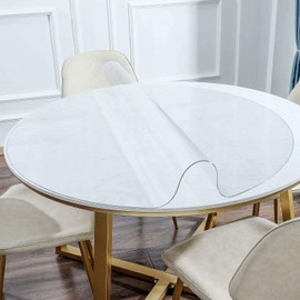 NECAUX 51 Inch Round Clear Table Cover Protector, 1.5mm Thick Upgraded Version, Unshrinkable Non-Slip Waterproof Oil Proof Plastic Tablecloth Protector for Wood Grain Dining Room Table Meeting Table