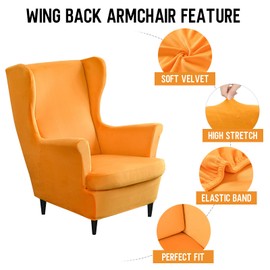 Mingfuxin Wingback Chair Covers 2 Piece Set Stretch Wing Chair Cushion Sofa Slipcover, Removable Velvet Wing Back Armchair Slipcovers Furniture Protector for Living Room Bedroom Hotel
