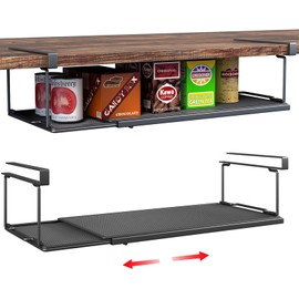 SHINEWON Expandable Under Cabinet Shelf, Extendable Under Shelf Storage with 6.5 Inches Long Clips for Pantry Cabinet, Laundry Room, Shoe Shelf. (Black, 2 Pack, Interior: 3.66" H x 8.26" D)