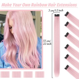 16Pcs Colored Clip in Hair Extensions, 22 Inch Colorful Highlights Hairpieces Straight & Long Heat-Resistant Synthetic Hair Accessories for Kid Girls Women Party Hair Decor(Pink)