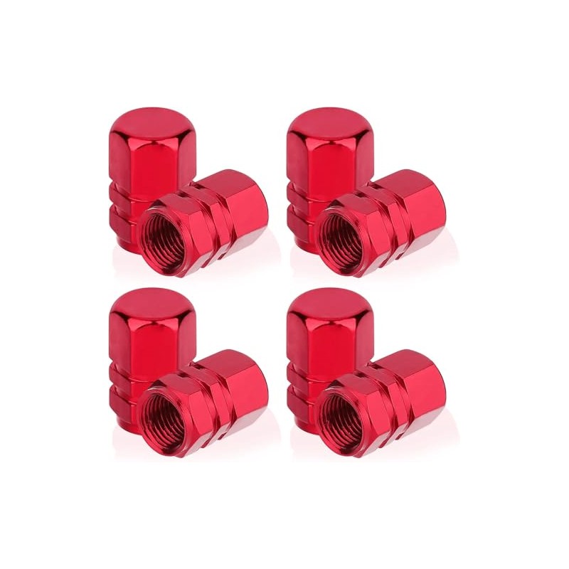 Aluminium Tyre Valve Caps, Hexagonal Design, Universal Fit, Red, 8-Pack