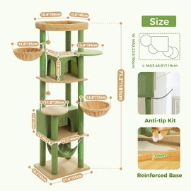 PAWZ Road Tall Cat Tower, 70 Inch Cat Tree with Hammock, 5 Scratching Posts, 2 Condos and a Large Top Perches for Large Cats-Cactus Green