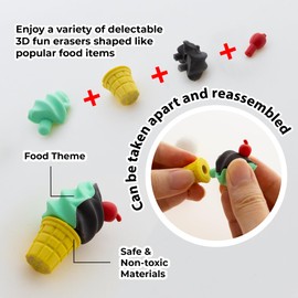 BAZIC Products - Borradores 3D, mini borradores para lápices de alimentos (4 unidades), 4 unidades para premios a granel, caja de premios, caja del tesoro, artículos imprescindibles para el aula