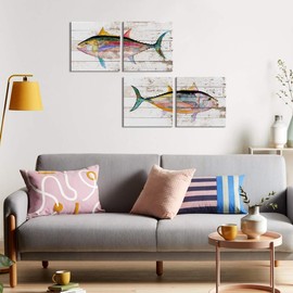 Tuna Fish Wall Decor Ocean Canvas Art Beach Bathroom Coastal Decor Rustic Fish Pictures Kitchen Nautical Sea Animal Painting Marine Life Artwork for Bedroom Dinner Room Modern Home Decorations 16x16"