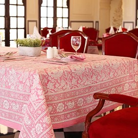 Labhanshi Indian Handblock Print Floral 100% Cotton Pre-Washed Canvas Rectangle Table Cloth|72x135 Inch 10-Seater Large Decorative Table Cover|Thanksgiving Christmas Festive Holiday Decor|Pink Rose