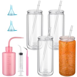 Skylety 9 Pcs Snow Globe Tumbler Supplies for Glitter Snow Globe Kit DIY Glass Cup Gift 16oz Pre Drilled Double Wall Cup with Lid and Straw Squeeze Bottle Funnel Tweezer Bent Syringe(Clear,Plastic)
