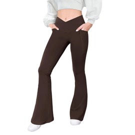 COPYLEAF Flare Leggings with Pockets for Women Seamless Crossover Yoga Pants with Tummy Control Bootcut Work Pants Trendy Brown