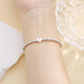 Seleneva S925 Sterling Silver Bead Initial Letter Bracelets for Women Girls A-Z Heart Pendant Bracelet Gift for Mum Daughter Sister Friends Birthday Christmas Adjustable Ladies Jewellery (I)