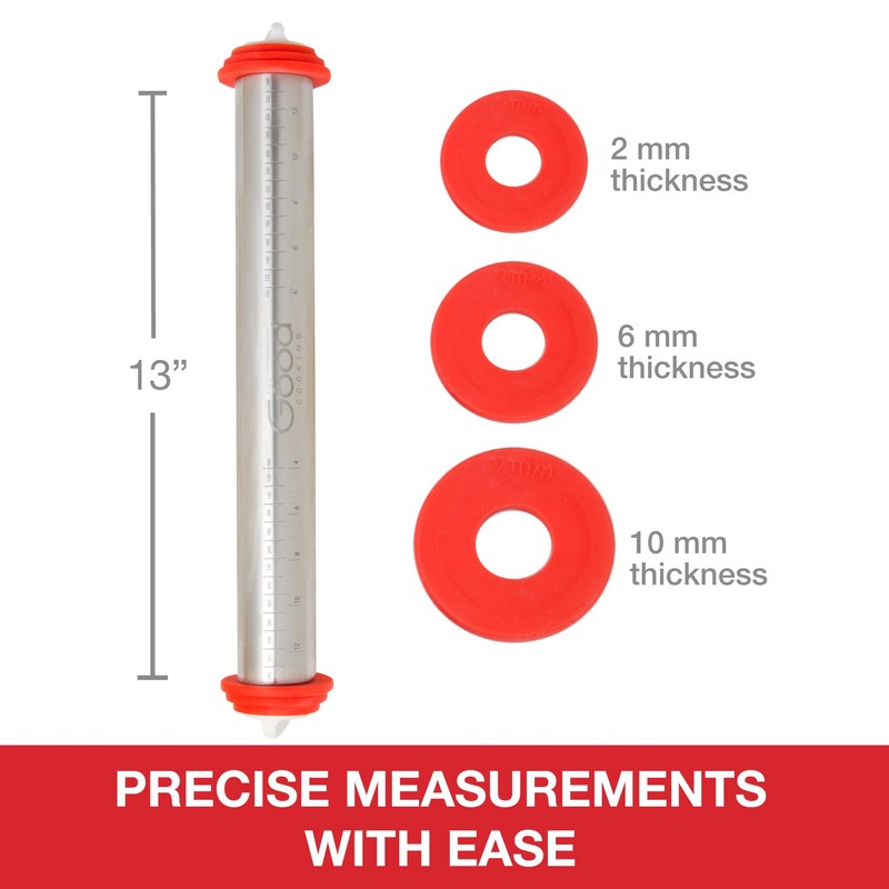 Adjustable XL Pastry Rolling Pin w/ 3 Spacer Rings -