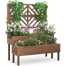 Nightcore Outdoor Elevated Garden Bed with Trellis，Raised Garden Bed with Legs & Drain Holes，2-Tier Wooden Planter Box for Vegetable Fruit Herb