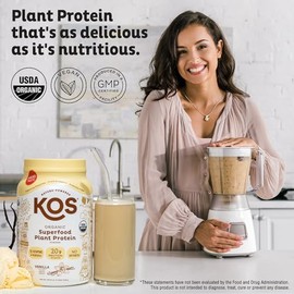 KOS Vegan Protein Powder Erythritol Free, Vanilla USDA Organic - Pea Protein Blend, Plant Based Superfood Rich in Vitamins & Minerals - Keto, Dairy Fr