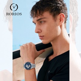 RORIOS Stylish Wrist Watch for Men Analog Quartz Watch with Stainsteel Steel Band Multifunction Chronograph Mens Watches