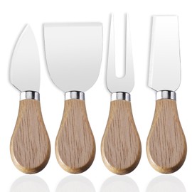 Linwnil 4-Piece Set of Stainless Steel Cheese Knives with Wood Hand, Including Cheese Slicer and Cheese Cutters, Essential Cheese Tools for the Kitchen (Oak handle, Silver)