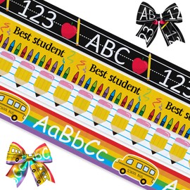 4 PCS Back to School Grosgrain Ribbons 3/4" School Decor Ribbons 5 Yards, School Bus Pencil Crayon Craft Ribbons for First Day of School Party Favor Decoration Holiday Gift Packaging DIY Supplies
