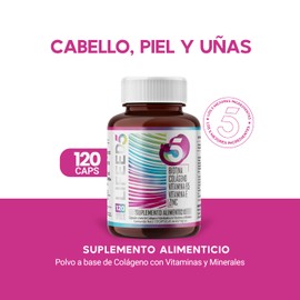 120 cápsulas - Biotina, Colageno Hidrolizado puro, Vitamina E, Vitamina B5 y Zinc - Suplemento Multivitaminico Mujer y Hombre Cabello, Piel y Uñas - Sin Gluten - LIFEED5 Hair, Skin and Nails